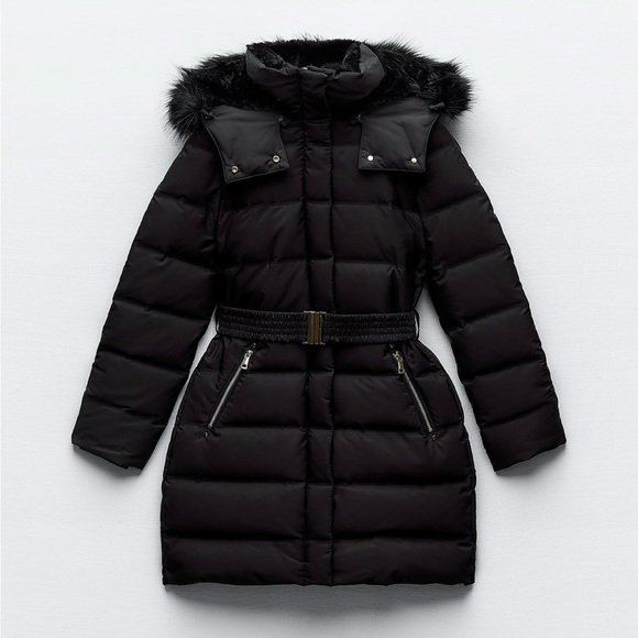 Zara FAUX FUR HOODED DOWN PUFFER JACKET WITH BELT - Picture 3 of 7